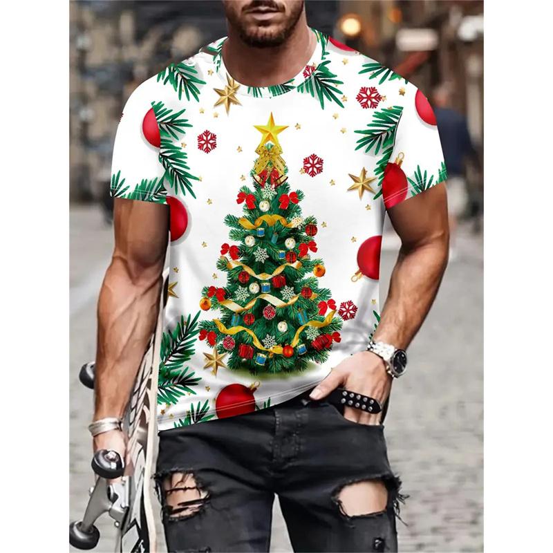 Christmas Tree Pattern Men's T-Shirt Funny Santa 3D Print Summer Casual Short Sleeve Crew Neck Top