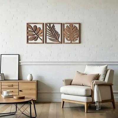 3 Stück Palmblätter Holz-Wandkunst, Tropische Pflanze Boho-Wanddekoration, Minimalistisches Hohlgeschnitztes Wandskulpturenpaneel für Zuhause Wohnzimmer, Schlafzimmer,