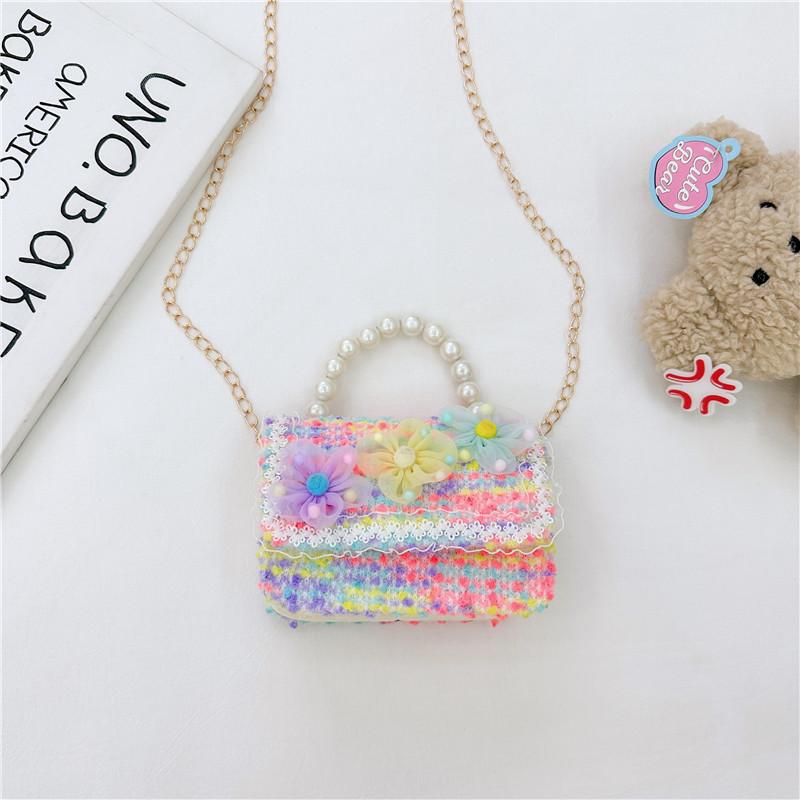 Trendy Kids Pearl Handbag Adorable Flower Pattern Modern Cotton Linen Crossbody Bag Multicolor