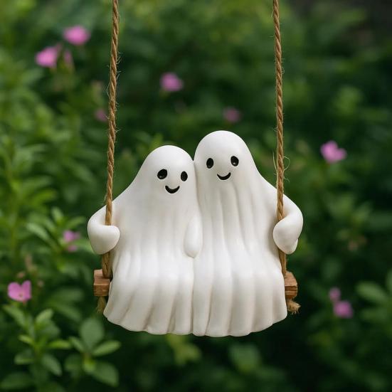 Halloween Couple Ghost Swing Statue Resin White Ghost Swinging Figurine Cute Ghost Sculpture for Garden Patio Yard Decor