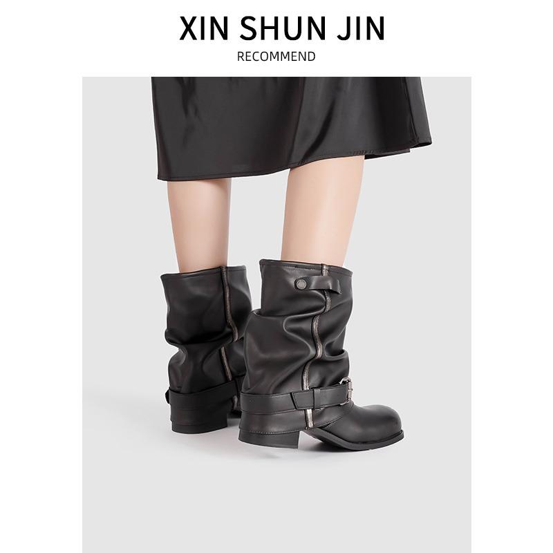 Autumn New Western Cowboy Boots Women's Pleated Pile Martin Boots Brown Retro Fashion Thick Heel Pants Boots