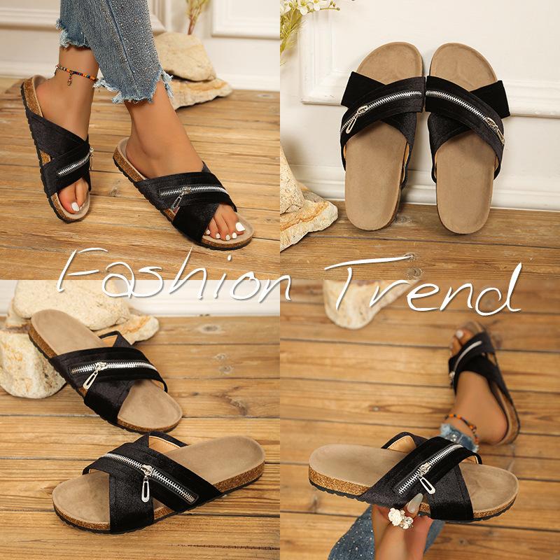 Foreign Trade Large Size Zipper Decorative Muffin Cork Slippers Women's Summer New Beach Outdoor Comfortable Cross Casual Shoes