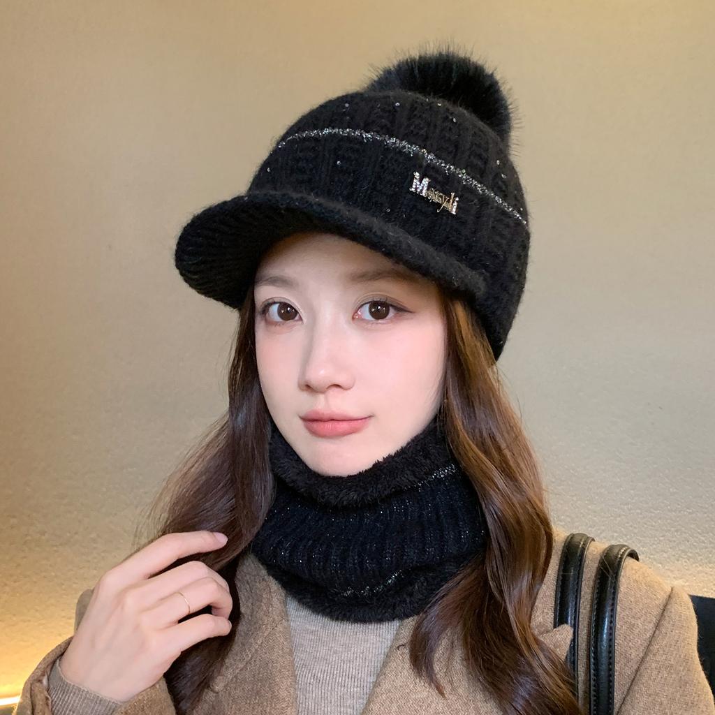 Winter New Duck Tongue Wool Hat Women's Thickened Warm Ear Protection Hairball Knitted Hat Cold-proof Knitted Hat