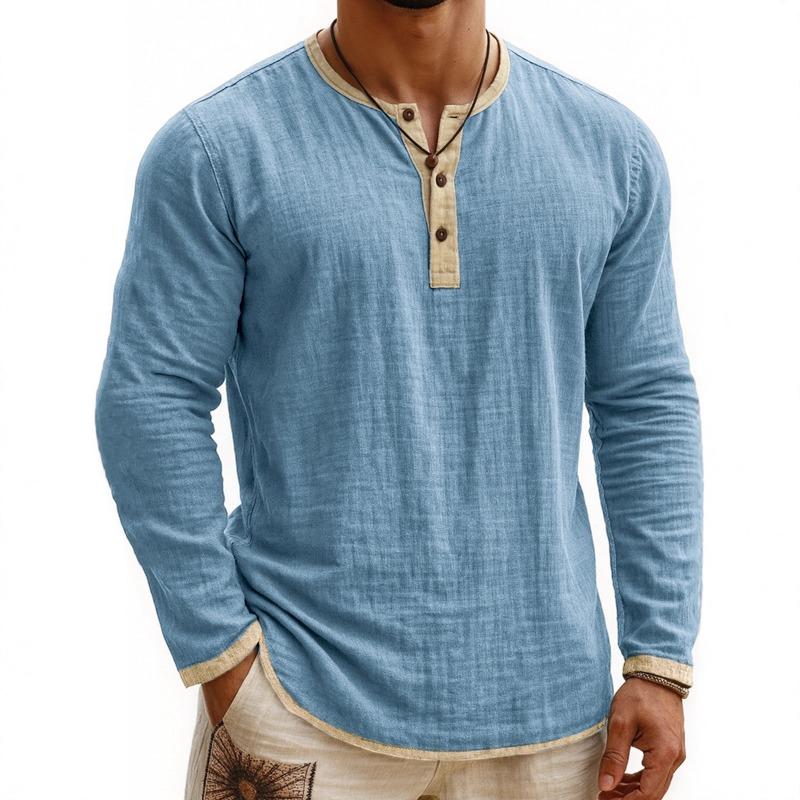 Summer European American Men's Clothing Floral Two-color Henley Shirt 3 Buttons Men's Casual Long Sleeves