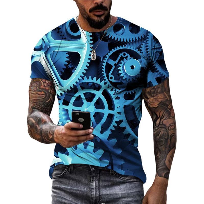 Summer Round Neck 3D Steampunk Gear Print Top Fashionable Casual Short Sleeved Men's T-shirts