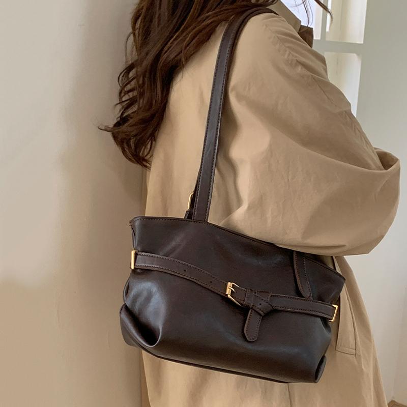 Yogodlns or Daily Commute Shopping Minimalist Vintage Glossy Tote Bag Belt Detail Large Capacity Zipper PU Water Resistant Shoulder Bag
