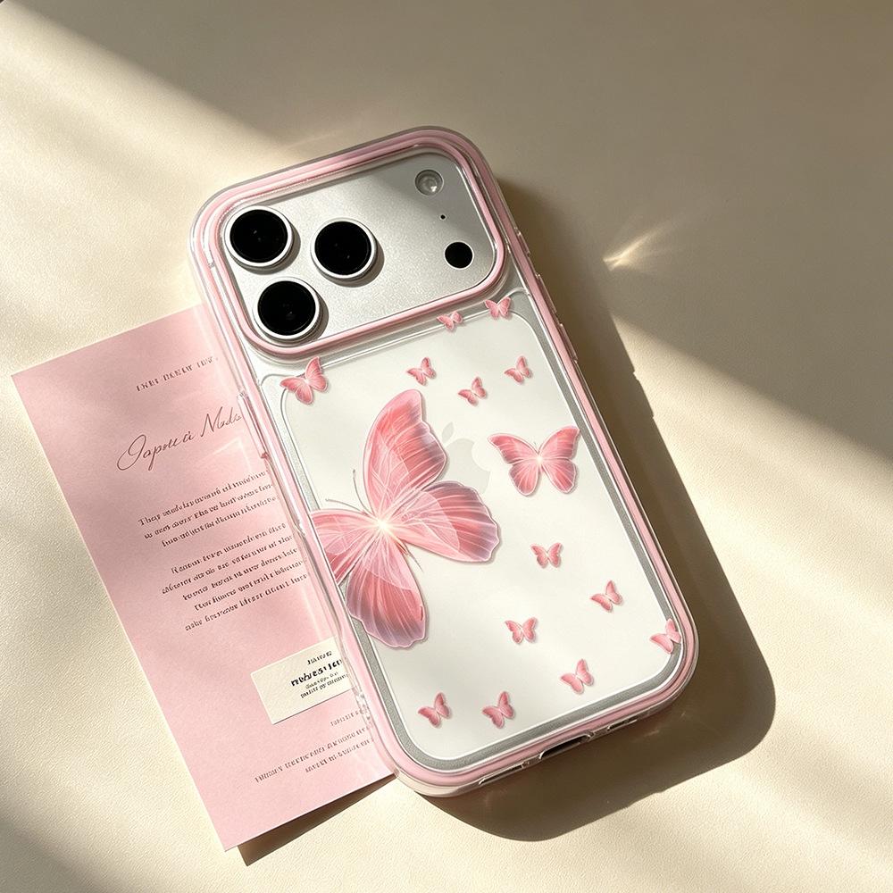 Pink butterfly is suitable for anti-drop iPhone15 female creative contrasting colors Apple 17/16 Pro mobile phone case spring creative