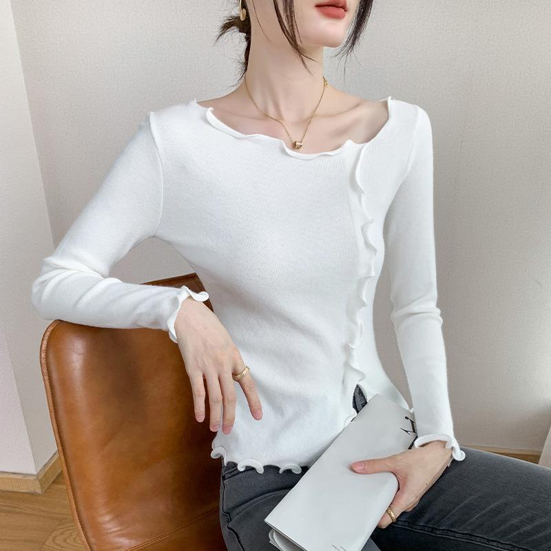 Fungus edge exposed collarbone solid color bottoming shirt women's clothing autumn new slim and thin top knitted sweater