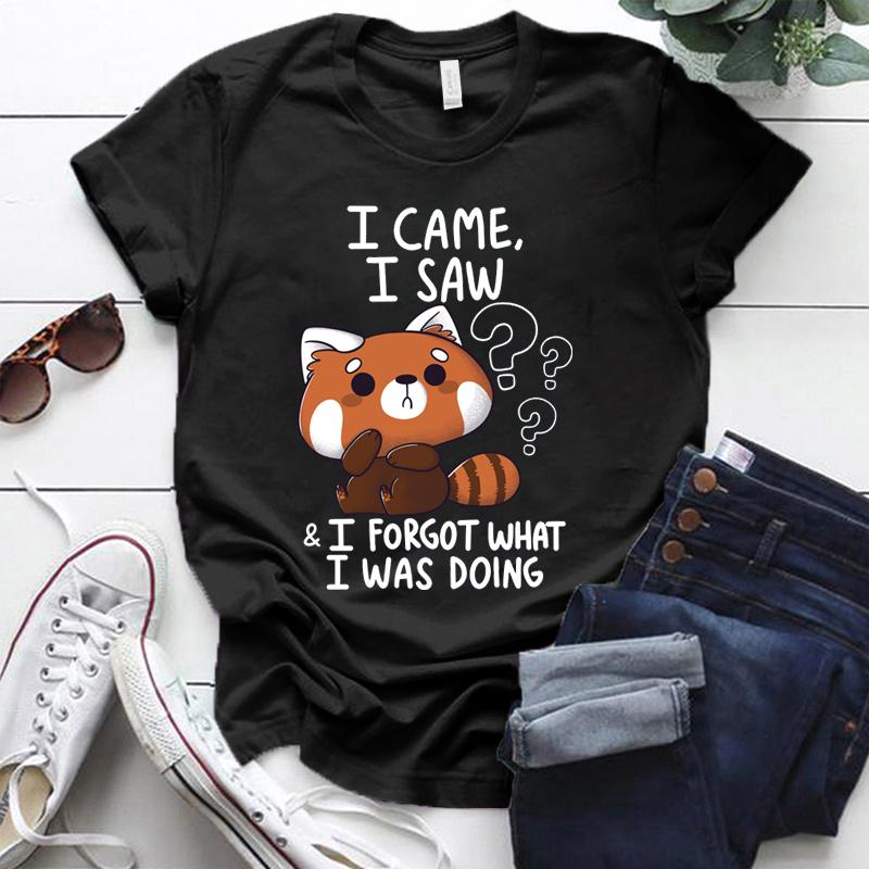 

Милые футболки с изображением красной панды «Я пришел и увидел» для женщин, летняя футболка Femme, повседневные топы с короткими рукавами и круглым вырезом, футболки XXXL чёрный