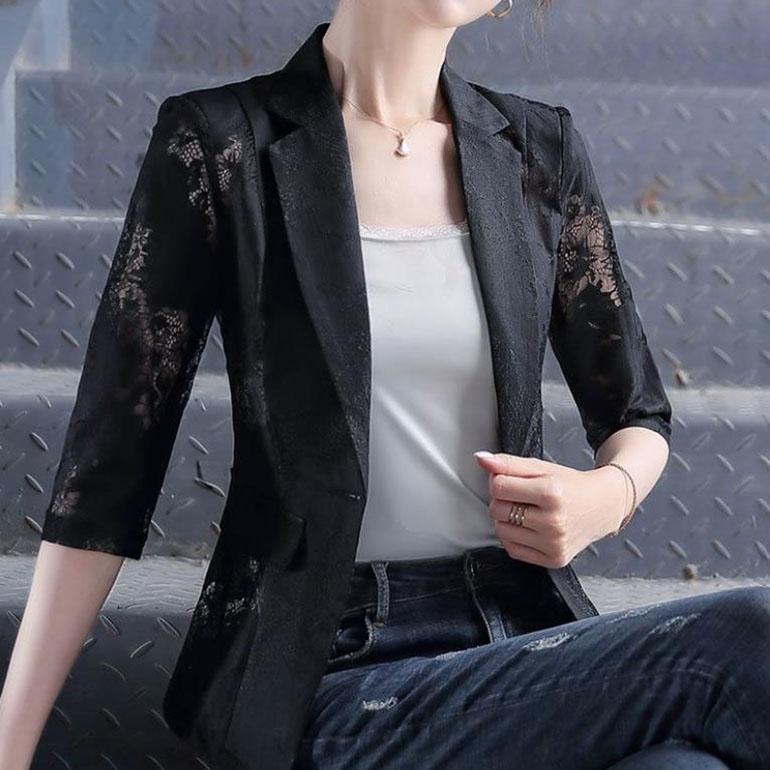Terno de renda estampado emagrecimento versão coreana primavera e verão moda feminina estilo fino terno casaco protetor solar feminino