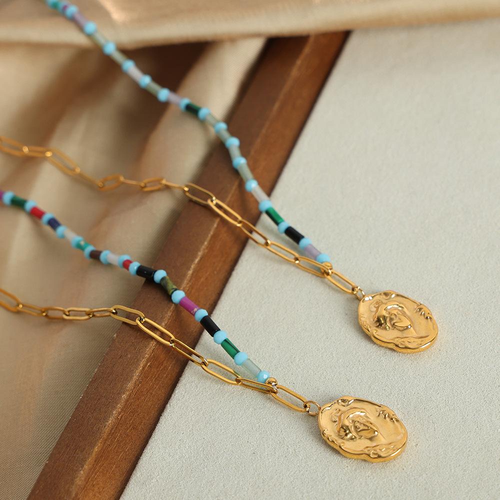 Natural Stone O-Chain Relief Pendant Necklace Titanium Steel Empress Dowager Personality And Temperament Versatile Splicing Collarbone Chain Jewelry