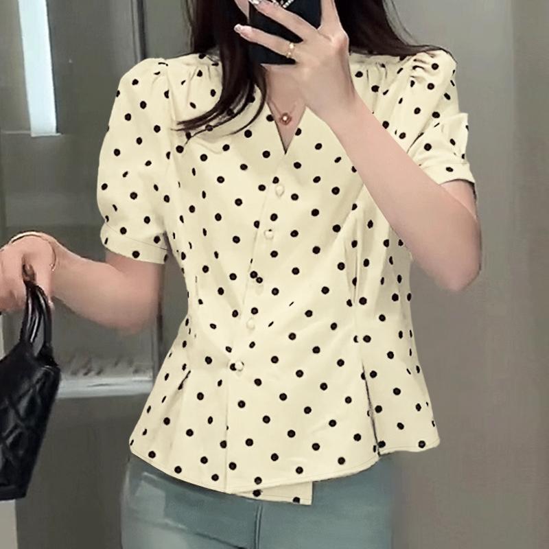 

ZANZEA Женская летняя блузка с V-образным вырезом, коротким рукавом и принтом в горошек, повседневная M абрикосовый