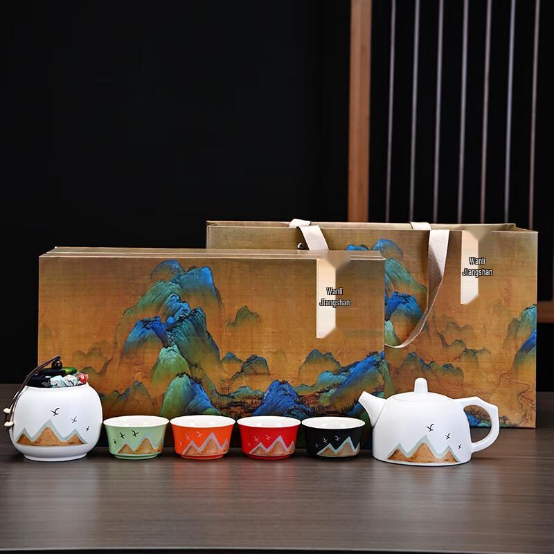 Ailan Huijia WQ Qianli Jiangshan Ceramic Tea Set One pot, one caddy, 4 cups (Gift Box)