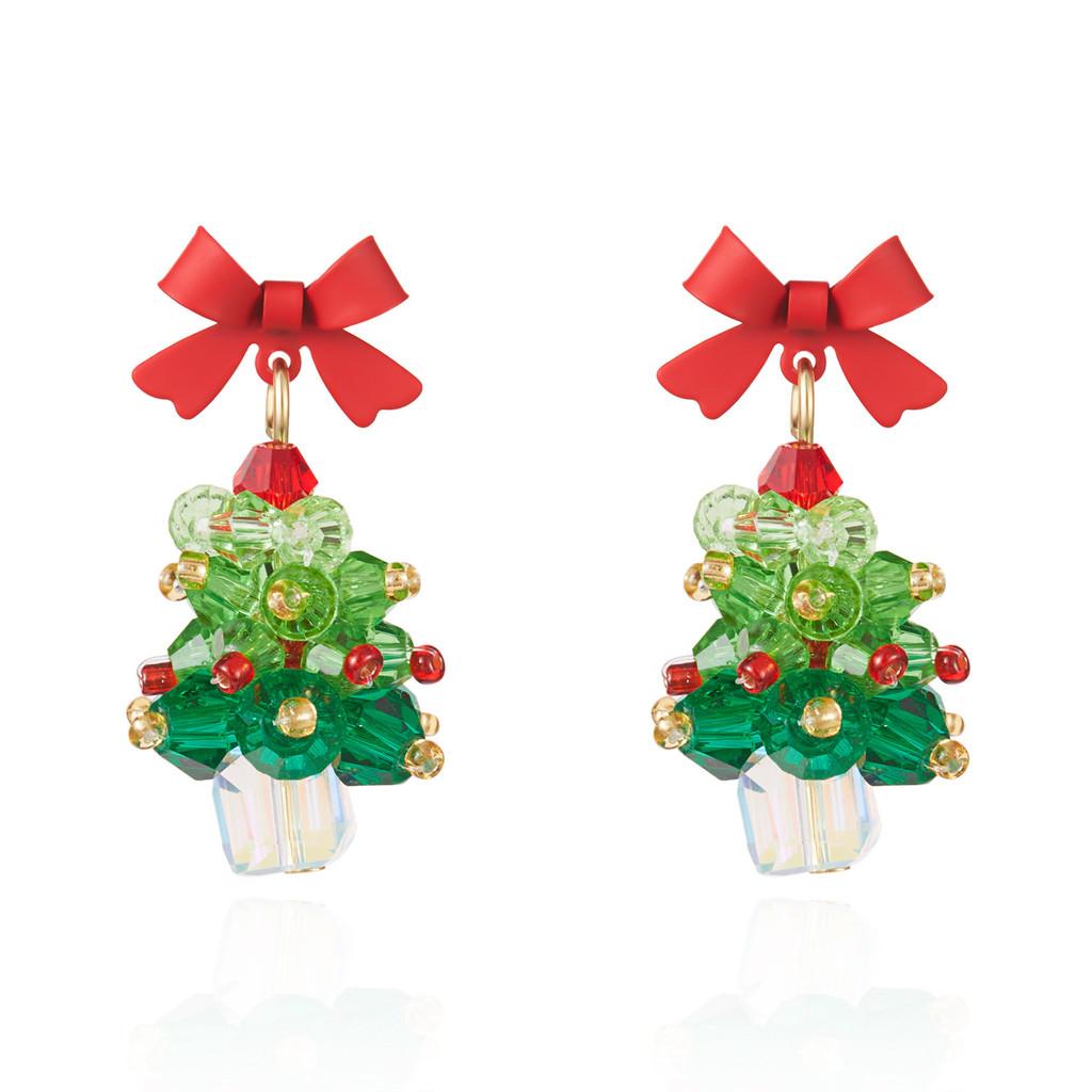 Christmas Tree Earrings Girls Alloy Red Bow Sparkling Jewelry With Holiday Style For Women