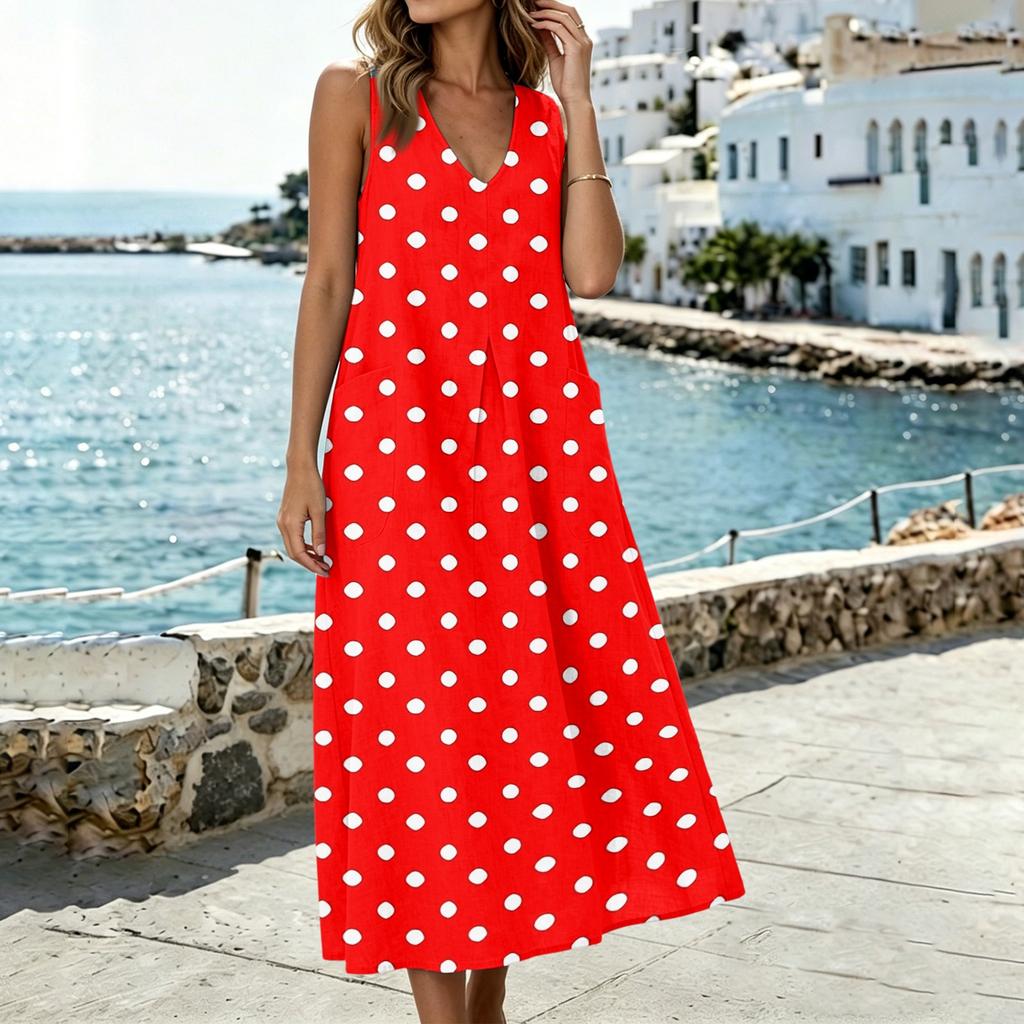Women's U-Neck Sleeveless Pocket Midi Dress Polka Dot Print Split Hem Linen