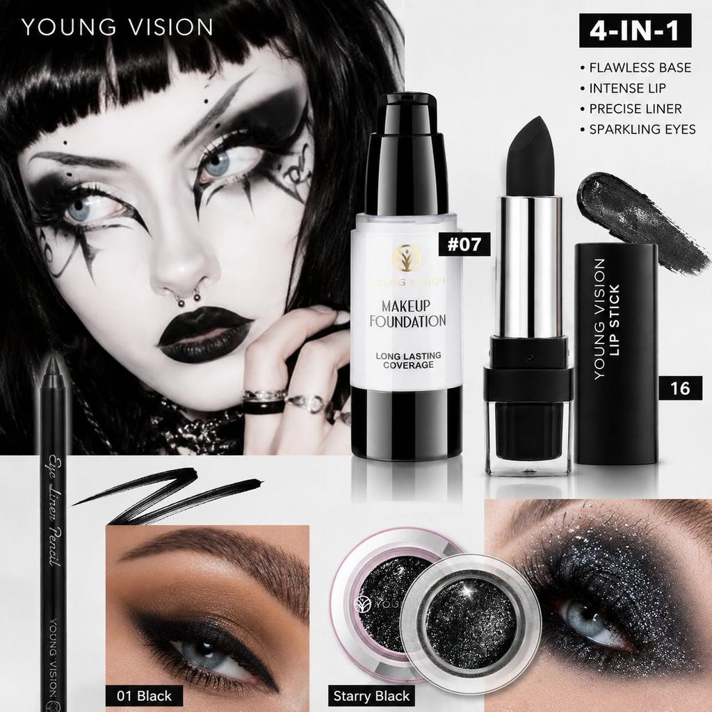 4 Piece Halloween Facial Makeup Set with Black Color Makeup for Spooky and Creative Looks Suitable for All Skin Types and Easy To Apply