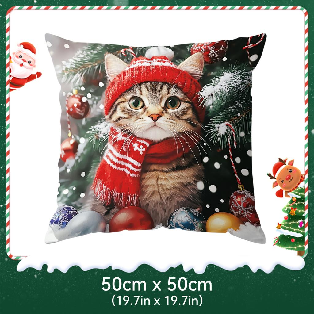 Christmas Themed Cat Pillowcase Bedroom Sofa Cushion Cover 100% Polyester Living Room Cushion Pillowcase Home Decor