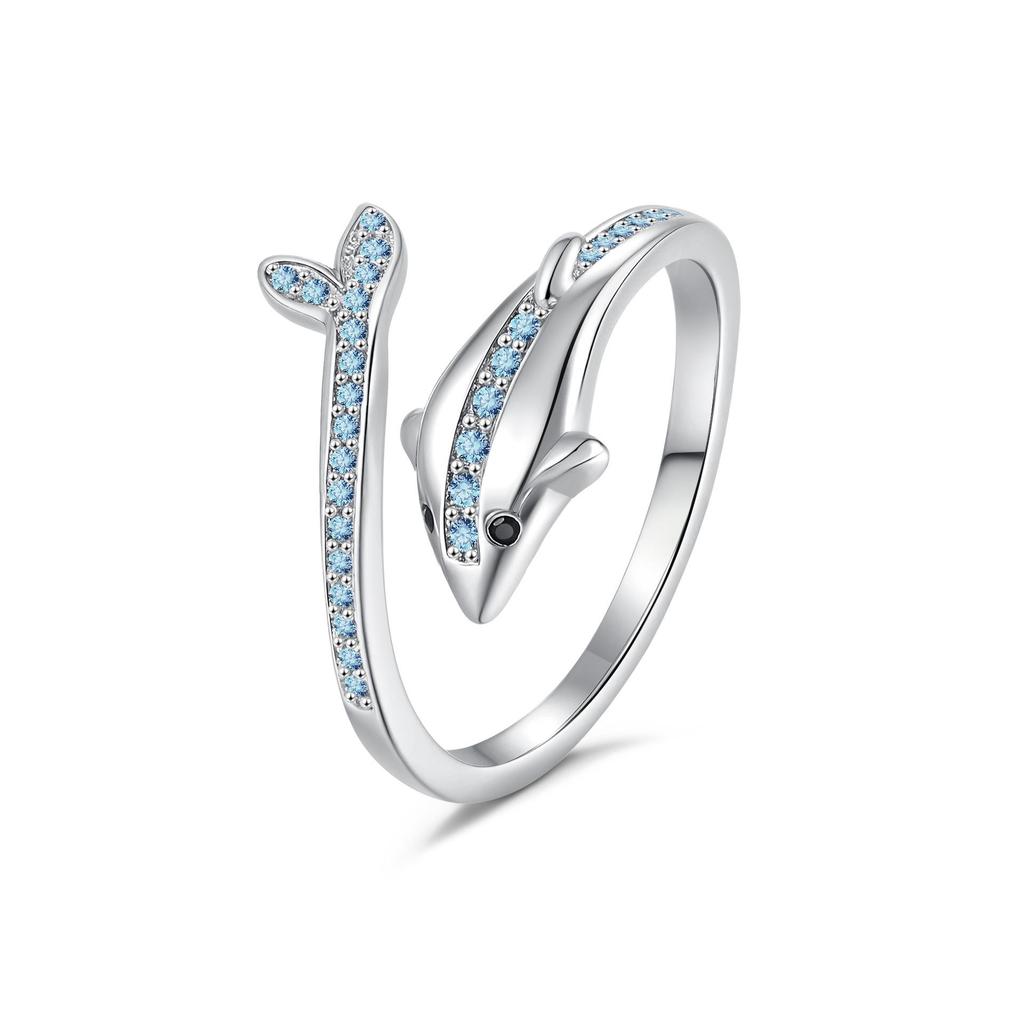 Elegant Adjustable Blue Dolphin Zircon Ring Set – European & American Fashion