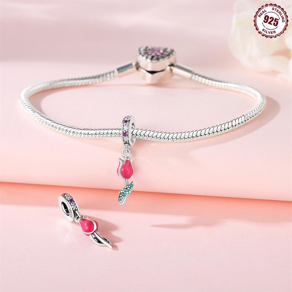 Bead Charms Copper Charm Bead Charms Authentic Pink Tulip Pendant Bead Charms Compatible With Bracelets Jewellery Diy Women Fine Gift Accessory