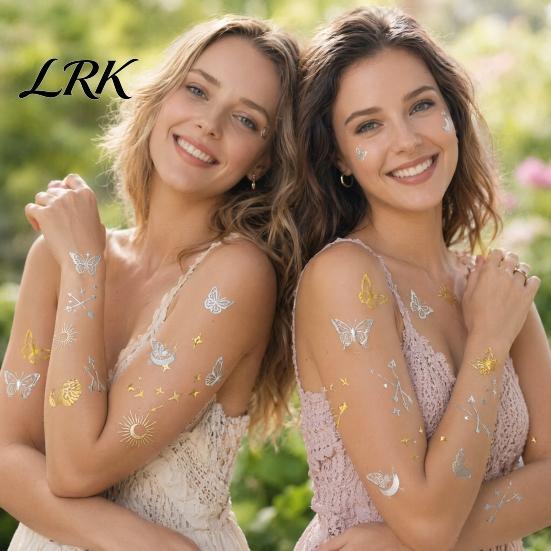 Waterproof Fake Tattoo Decals Golden Silver-color Metallic Sticker for Women Girls, Temporary Adult Child Tattoos Face Body Arm Decoration,