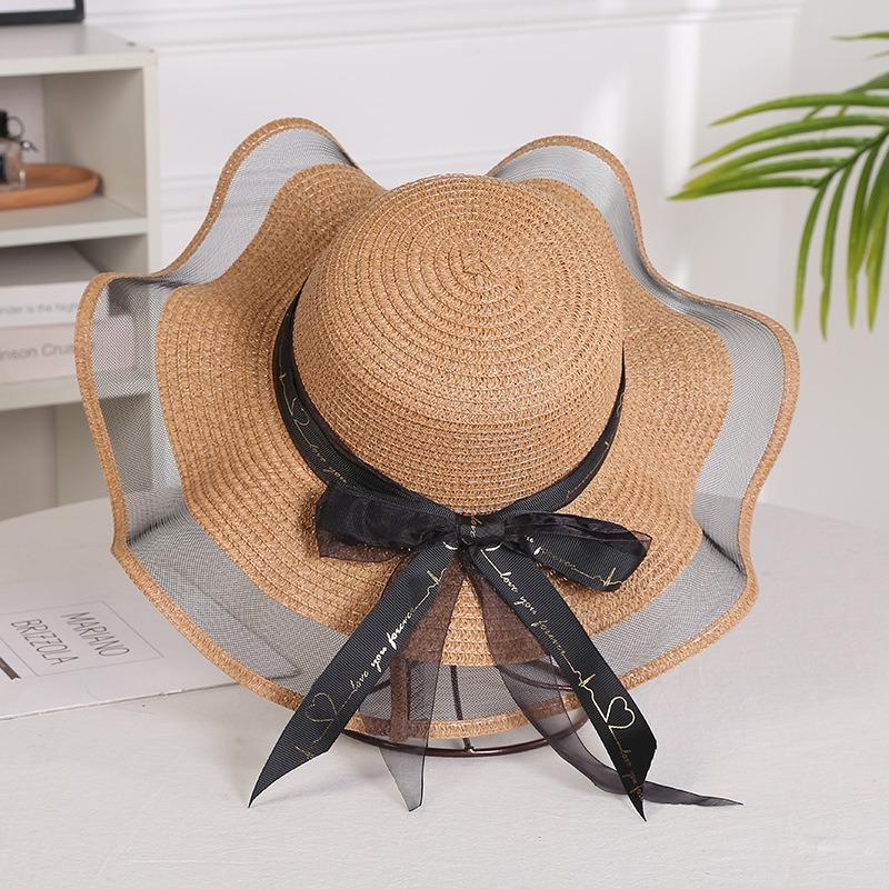 Summer Bow Sun Hat Female, Seaside Beach Vacation Sun Hat Outdoor Big Brim Sun Hat Sweet Straw Hat