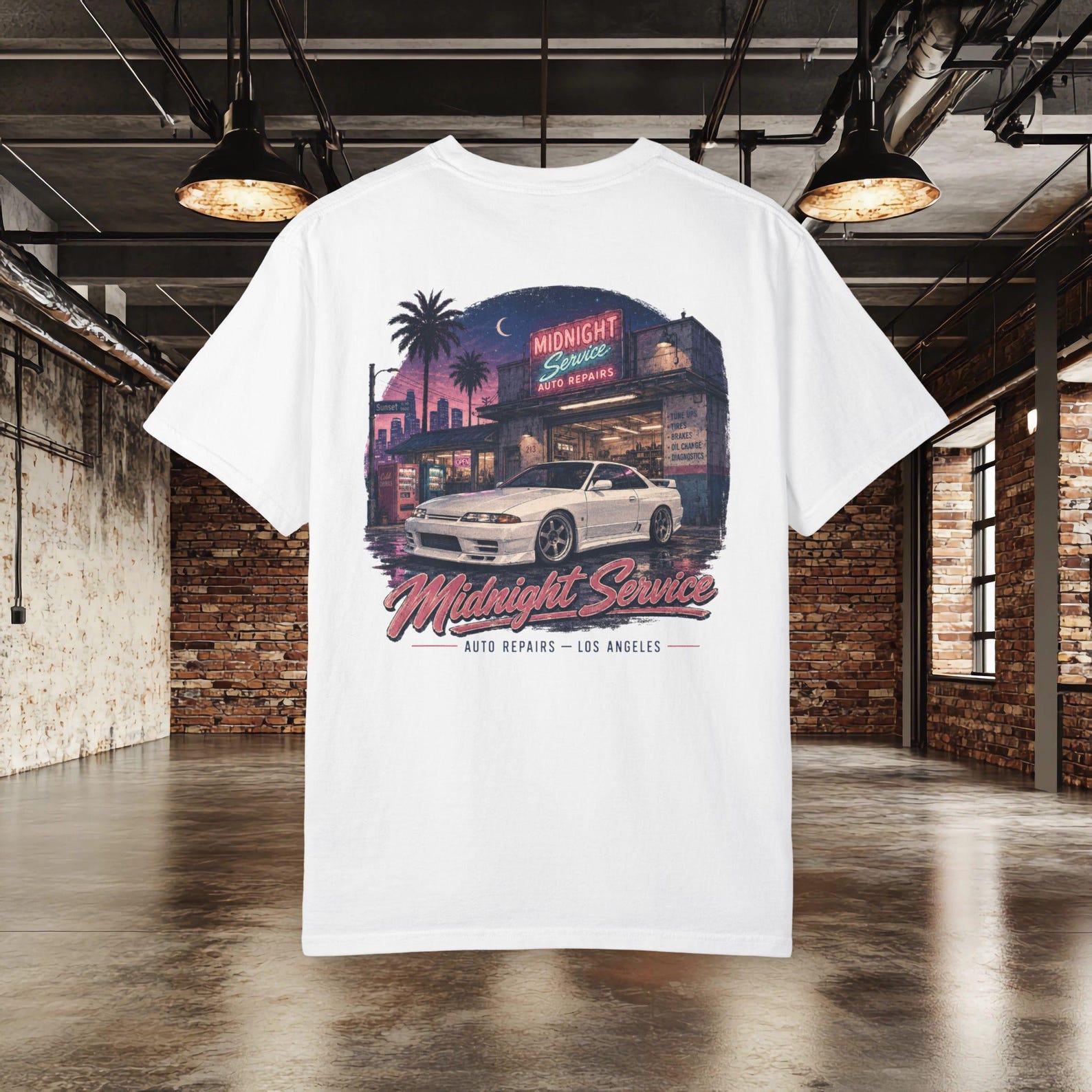 Midnight Service JDM Inspired T shirt, Retro Japanese Sports Car Tee, Neon Garage Streetwear, Car Enthusiast Gift 2XL