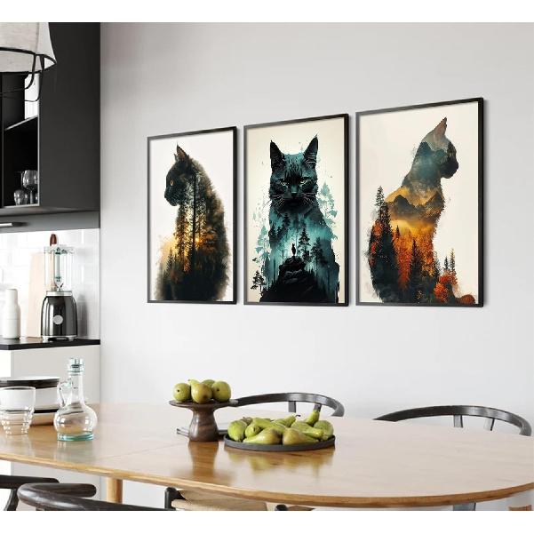 Funny Animals Canvas Wall Art Cute Black Cat and Forest Theme Pictures Wall Decor Abstract Sunset Mounta Nature Landscape Poster Painting Prints