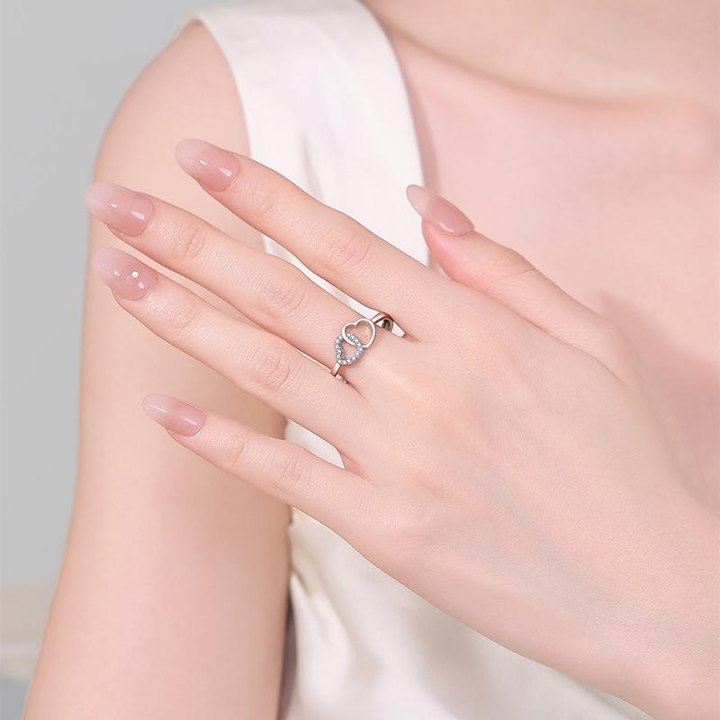 Double Heart Shape Ring for Women with Micro-Paved Diamonds – Elegant, Light Luxury Index Finger Jewelry