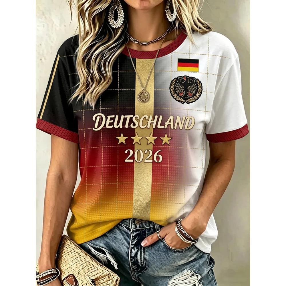 2026 Niemcy Piłka Nożna T-shirt z Dekoltem V Czarny Czerwony Żółty Niemiecka Flaga Rękaw Casualowy Sportowy Krótki Rękaw Koszulki Dopasowanie Rodzinne