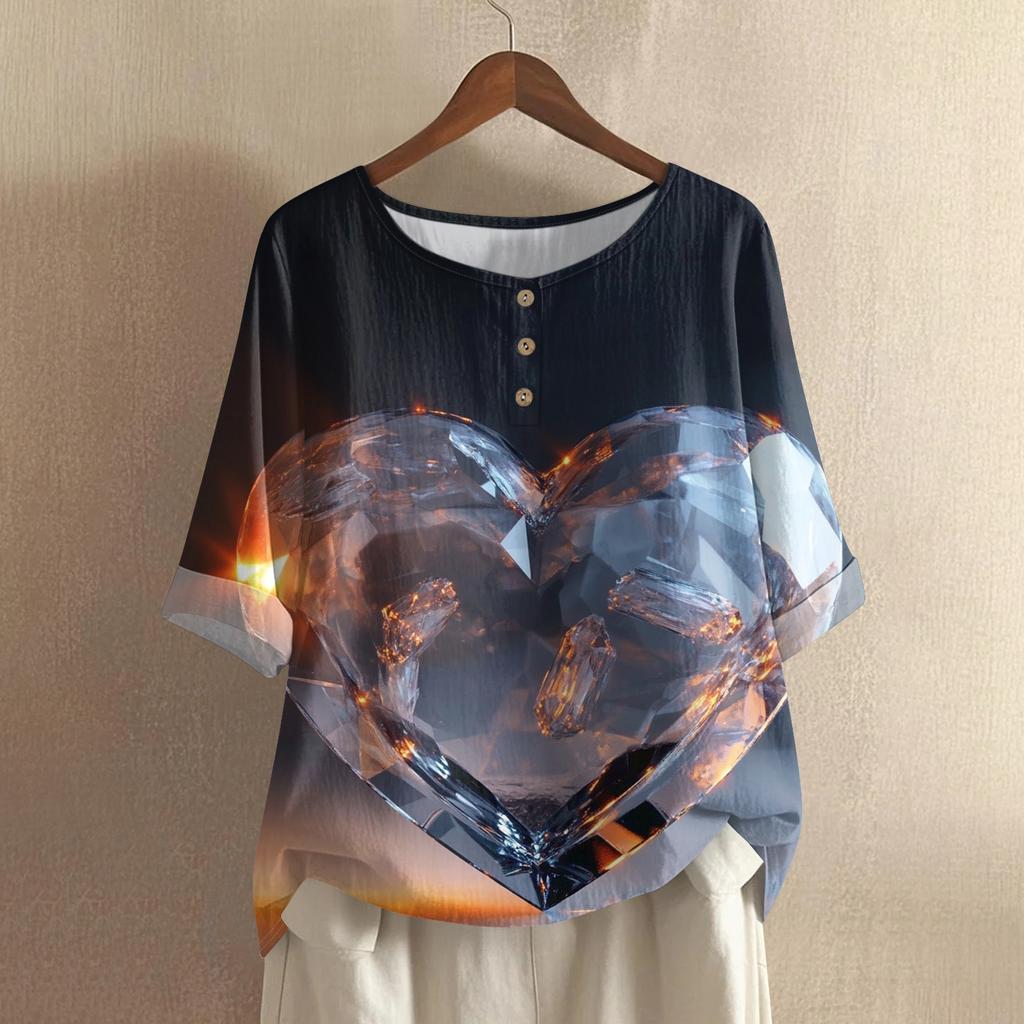 Damska casualowa i wygodna bawełniano-lniana bluzka z okrągłym dekoltem, średniej długości, z modnym nadrukiem