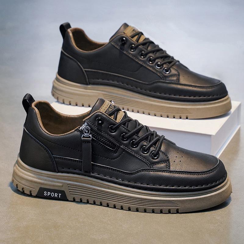 Men's Slip-On Sports Shoes Soft Bottom Casual All-Match Side Zipper Fashionable White Sneakers Spring Season Ultra-Leather