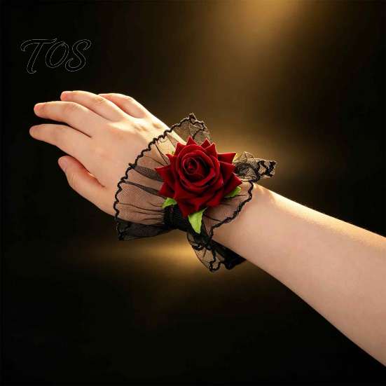 Elasticated Lace Hand Flowers Gothic Fingerless Glove, Elastic Short Sleeve, Wine Red Rose Bracelets Flower Wrist Cuff for Women Girls, Wedding,