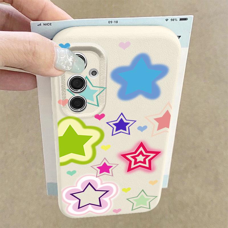 Blended Colorful Stars Pattern Case For Samsung Galaxy S26 Ultra S25 Edge S24 S23 S22 Plus S21 FE Leather Texture Silicone Cover