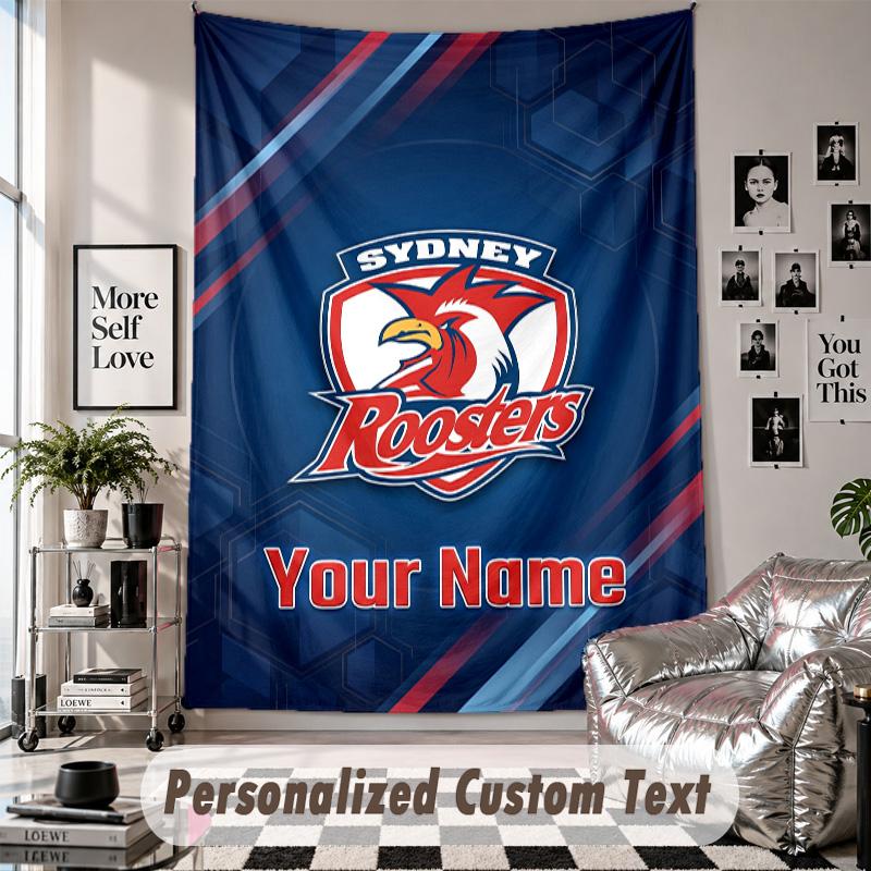 Wandbehang mit individuellem Namen & Text, Dekorative Tapisserie der Sydney Roosters für das Schlafzimmer