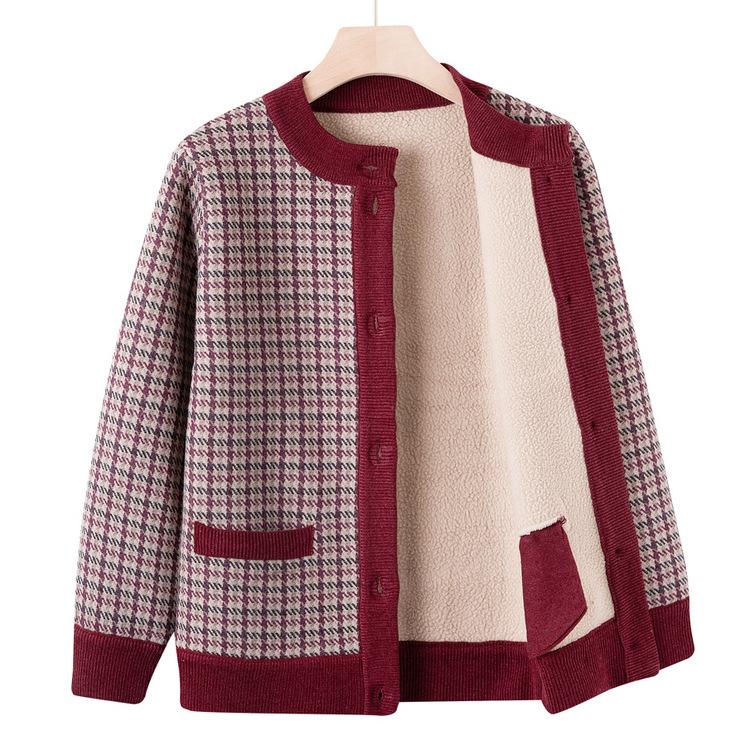 Middle-aged and Elderly Autumn Sweater Coat Female 60-year-old 70 Mother Plus Velvet Padded Cardigan Grandma Autumn and Winter Sweater