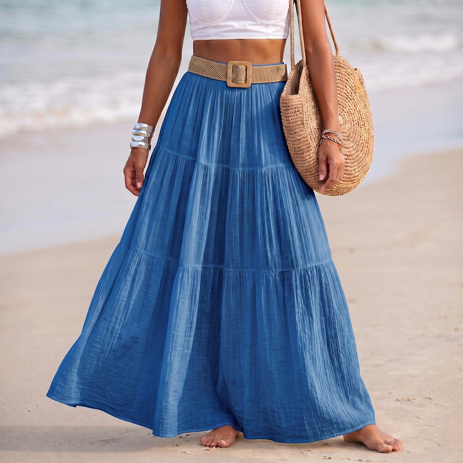 

Women Fashion Solid Elastic Waist Patchwork Tiered Maxi Skirt Holiday Beach Linen Blend Casual Long Skirt with Belt L