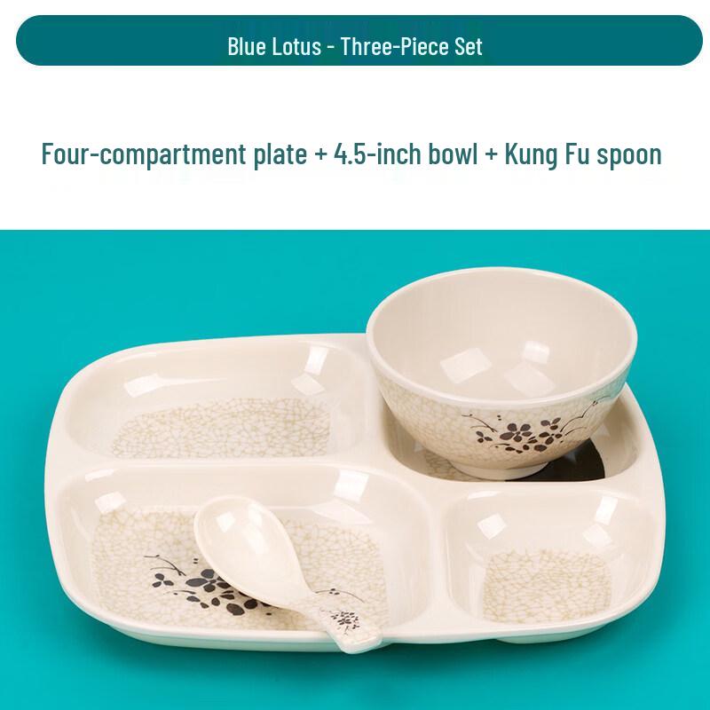Commercial Chinese Style Melamine Deep Meal Plates with Green Lotus Pattern, 10-Pack