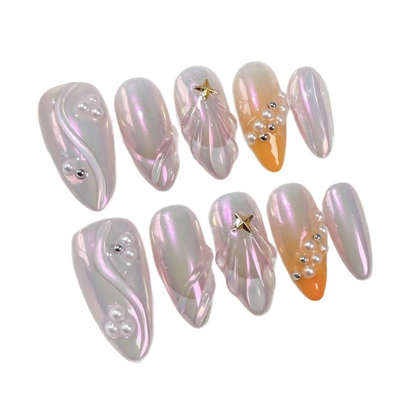 Gel Nail Tips With 3D Pearl Star Relief Design French Almond Shape Glow Art Set Women