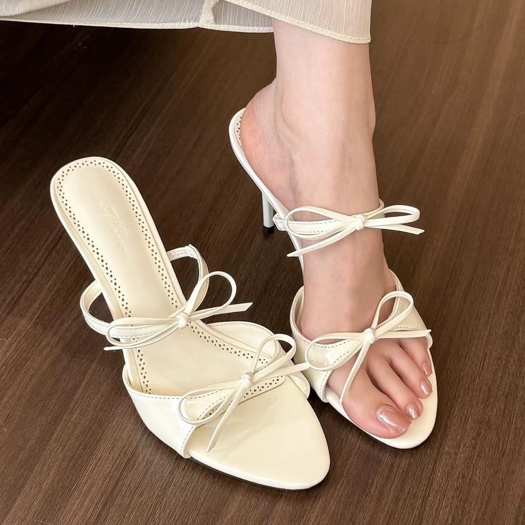 Summer new bow versatile one-word strap fashion pointed sandals women's stiletto high heels