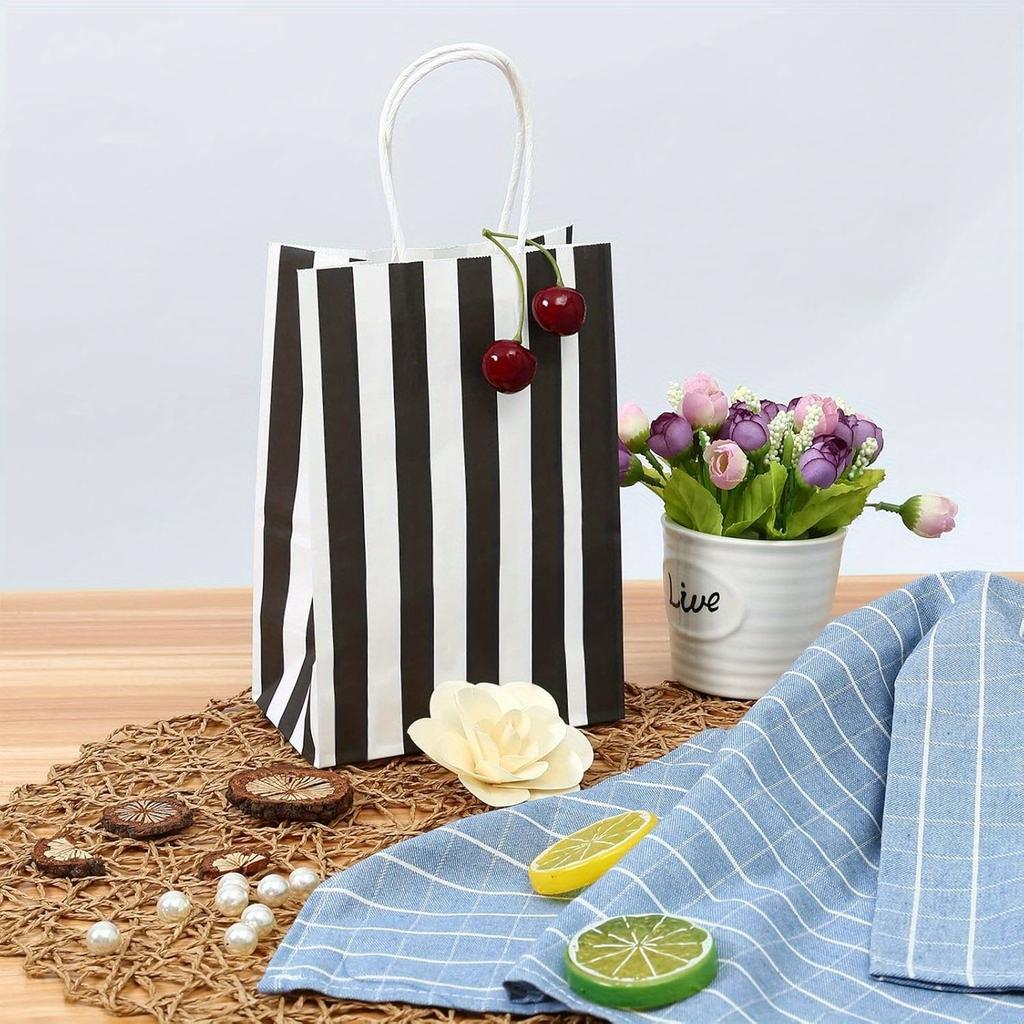 12Pcs Gift Bags Small 5.9x3.1x8 Inch Striped Paper Bags Black And White Gift Bags Black Bags For Gifts, Party, Birthday