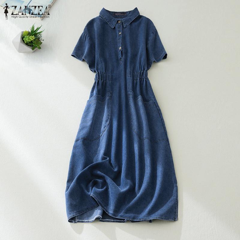 

ZANZEA Женское повседневное синее джинсовое платье с отложным воротником и короткими рукавами