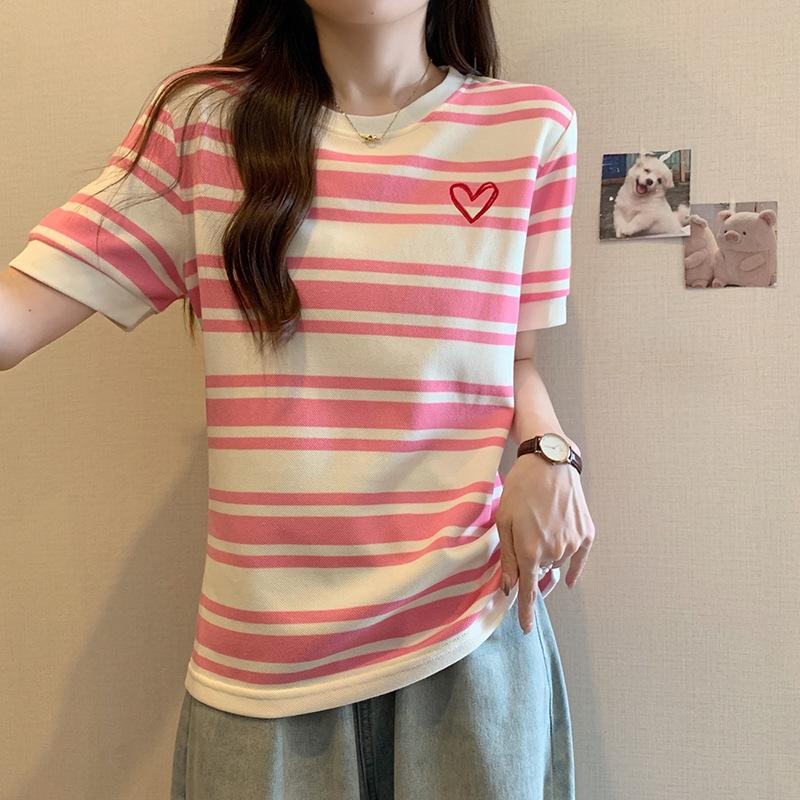 Hong Kong style chic pink striped love round neck short-sleeved T-shirt women's summer new design sense niche loose top