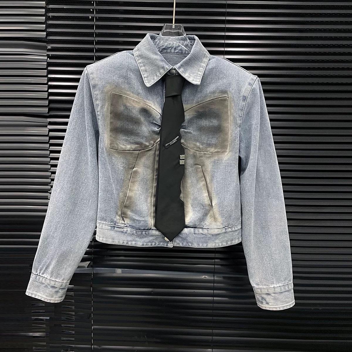 

2026 Spring Women s Retro Denim Set: Tie-Design Short Jacket & Wide-Leg Pants Large