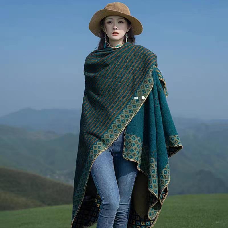 Ethnic Ink Painting Tassel Shawl Cape - Imitation Cashmere, Women's Travel Outfit