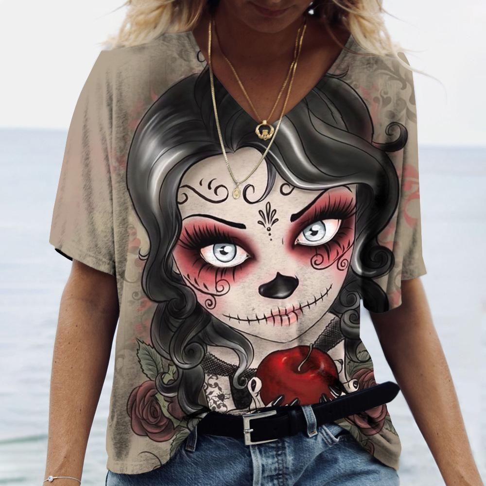Summer V-neck 3D Funny Face Printed Top Fashionable Casual Short Sleeved Women's T-shirts