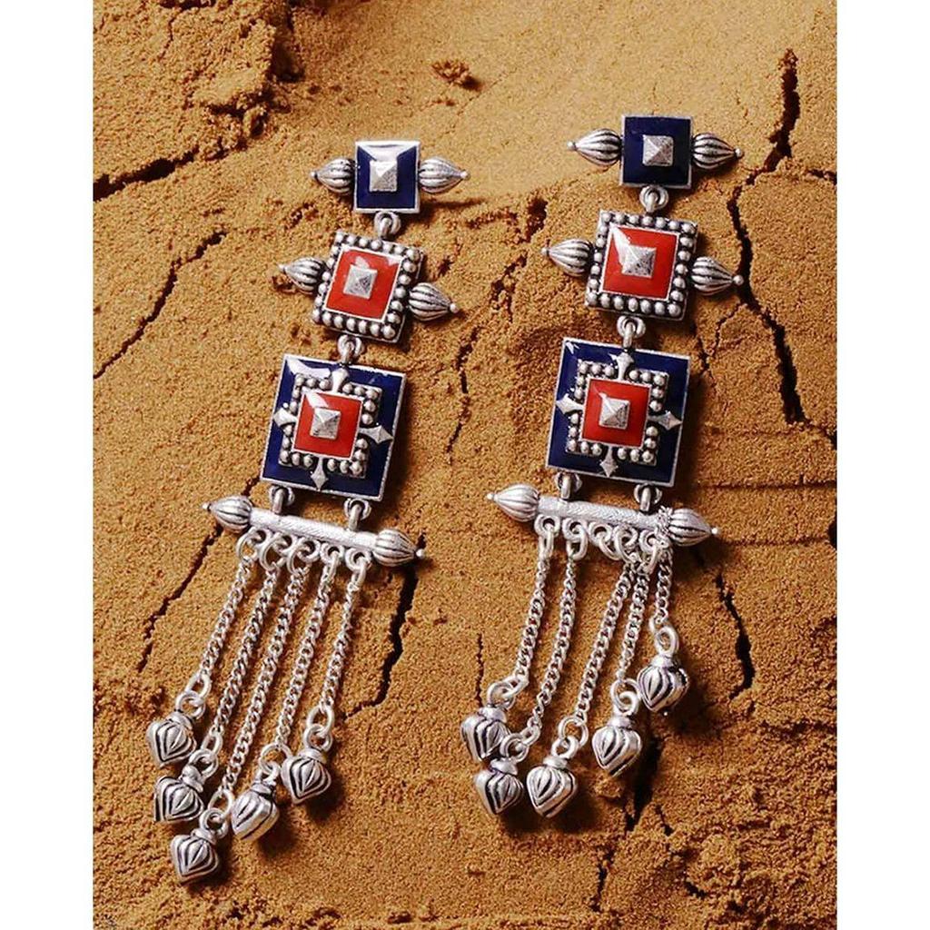 Ohrringe aus oxidiertem Messing und Silber mit Mandala-Muster, mehrlagig, quadratisches Design, Quasten für Frauen und Mädchen