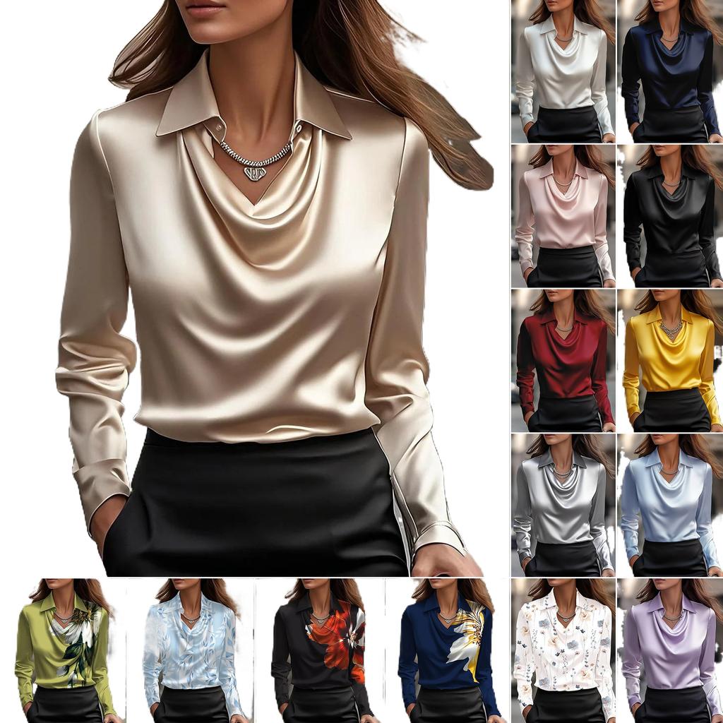 Women Elegant Printed Cowl Neck Shirt Collar Casual Fashion Blouse Top