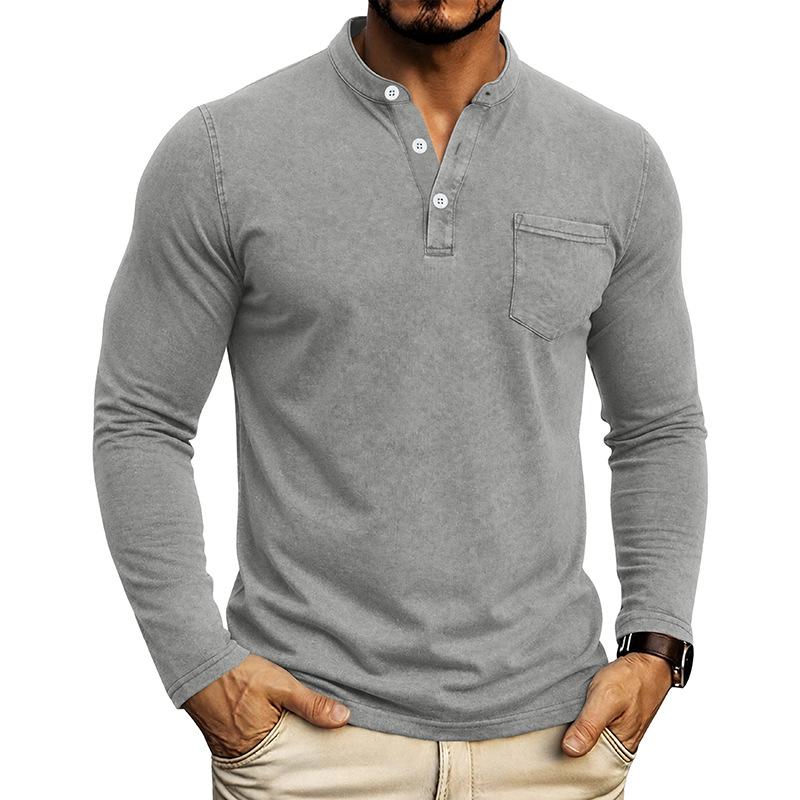 Men S Vintage Washed Long Sleeve Stand Collar Henley Shirt
