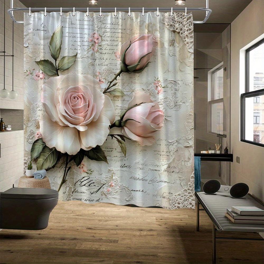 Textile Article Pink/Cream Vintage Roses Shower Curtain - Paper & Lace Border, Distressed Background, Polyester, 70.8X70.8 Fade Resistant