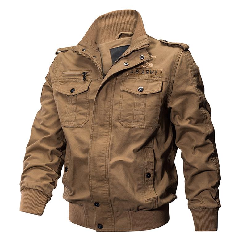 Men's Khaki Utility Jacket with Multiple Pockets, Zipper Button Front, Ribbed Cuffs and Hem